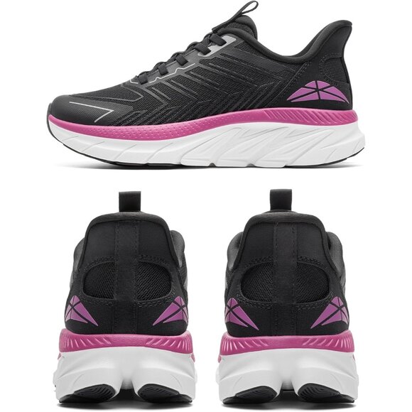 Women's Black Fuchsia Walking Shoes Comfort Breathable Non-Slip Gym Sneakers - Picture 7 of 8